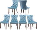 Velvet Kitchen Chairs Set of 6, Tufted Upholstered Dining Room Chairs with Back Ring Pull, Nailhead Trim and Solid Wood Legs, Modern Dining Chairs for Dining Room, Kitchen,Light Blue