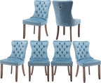 Velvet Kitchen Chairs Set of 6, Tufted Upholstered Dining Room Chairs with Back Ring Pull, Nailhead Trim and Solid Wood Legs, Modern Dining Chairs for Dining Room, Kitchen,Light Blue