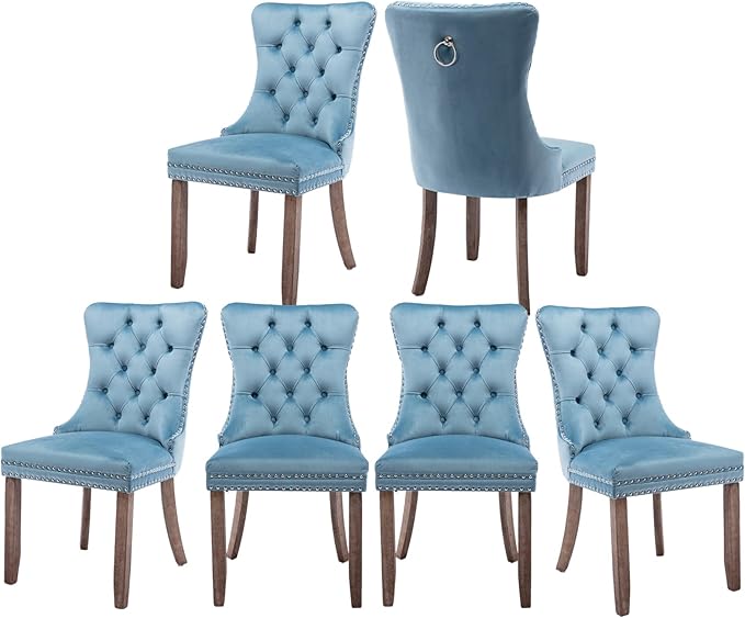 Velvet Kitchen Chairs Set of 6, Tufted Upholstered Dining Room Chairs with Back Ring Pull, Nailhead Trim and Solid Wood Legs, Modern Dining Chairs for Dining Room, Kitchen,Light Blue