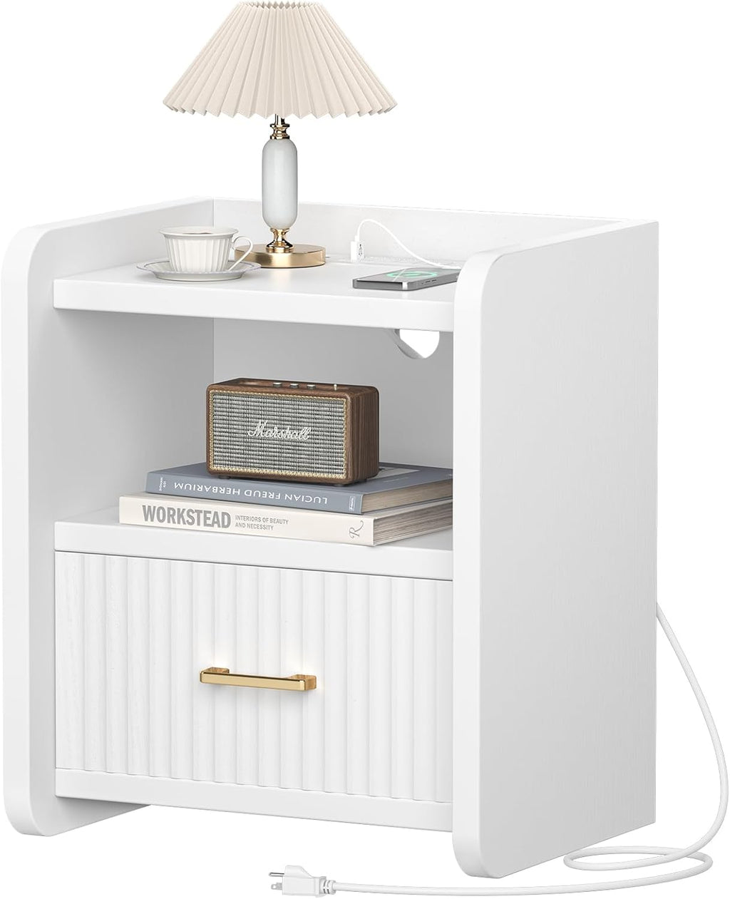 Night Stand with Charger Station, Fluted Wood Nightstand with Drawer Storage, Modern Bedside Table, Wide Nightstands for Bedroom, Mid Century Wooden Night Stands for Home Office Sofa Couch