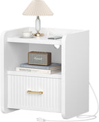 Night Stand with Charger Station, Fluted Wood Nightstand with Drawer Storage, Modern Bedside Table, Wide Nightstands for Bedroom, Mid Century Wooden Night Stands for Home Office Sofa Couch