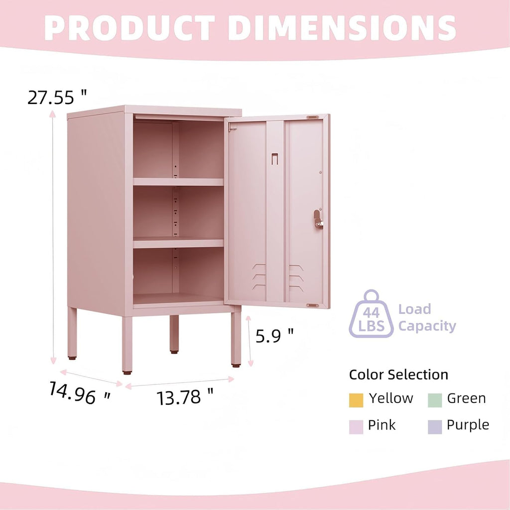 Single Door Lockable Metal End Table,Modern Minimalist Room Side Table with 2 Adjustable Shelf,Multi Storage Cabinet for Living Room Bedroom, Easy to Assemble 27.55”H x 13.78”W x 14.96”D