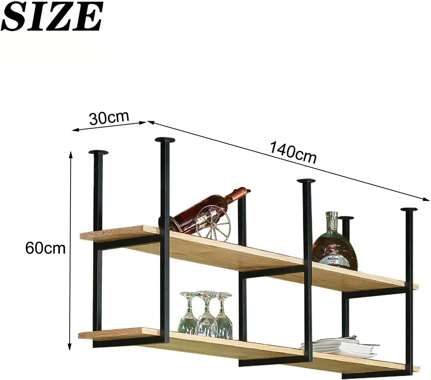 Ceiling Shelf, Floating Shelves Kitchen Storage Wine Rack, Industrial Ceiling Mount Shelf 2 layer, Wine bottle, Wine Glass, Dish Storage Rack, for Restaurant, Bar, Kitchen (55.1×11.8×23.6in,Black)
