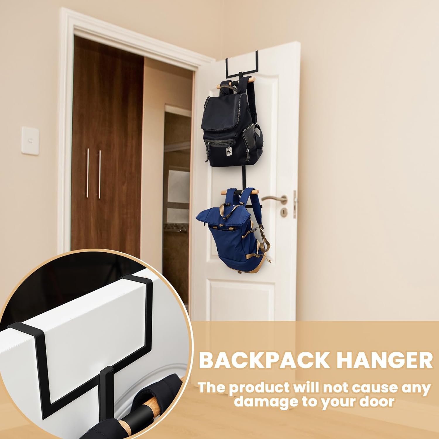 Over The Door Backpack Hanger, Backpack Hanger for Closet, Two Tiered Metal Storage Rack Backpacks Hooks, Heavy Duty Hook Storage for Schoolbag, Easy Installation(Black,1)