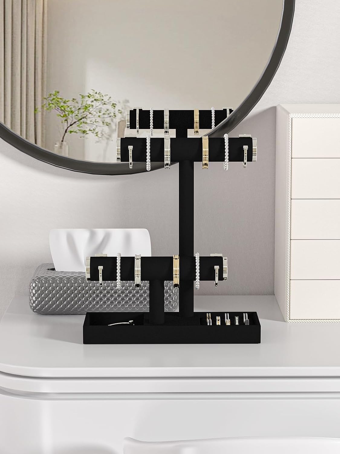 Bracelet and Necklace Holder,Velvet Jewelry Necklace Display Organizer Stand,bracelet Holder for Selling,Bracelet and Necklace Storage Tree (Style 2（Black+ Metal lid）)