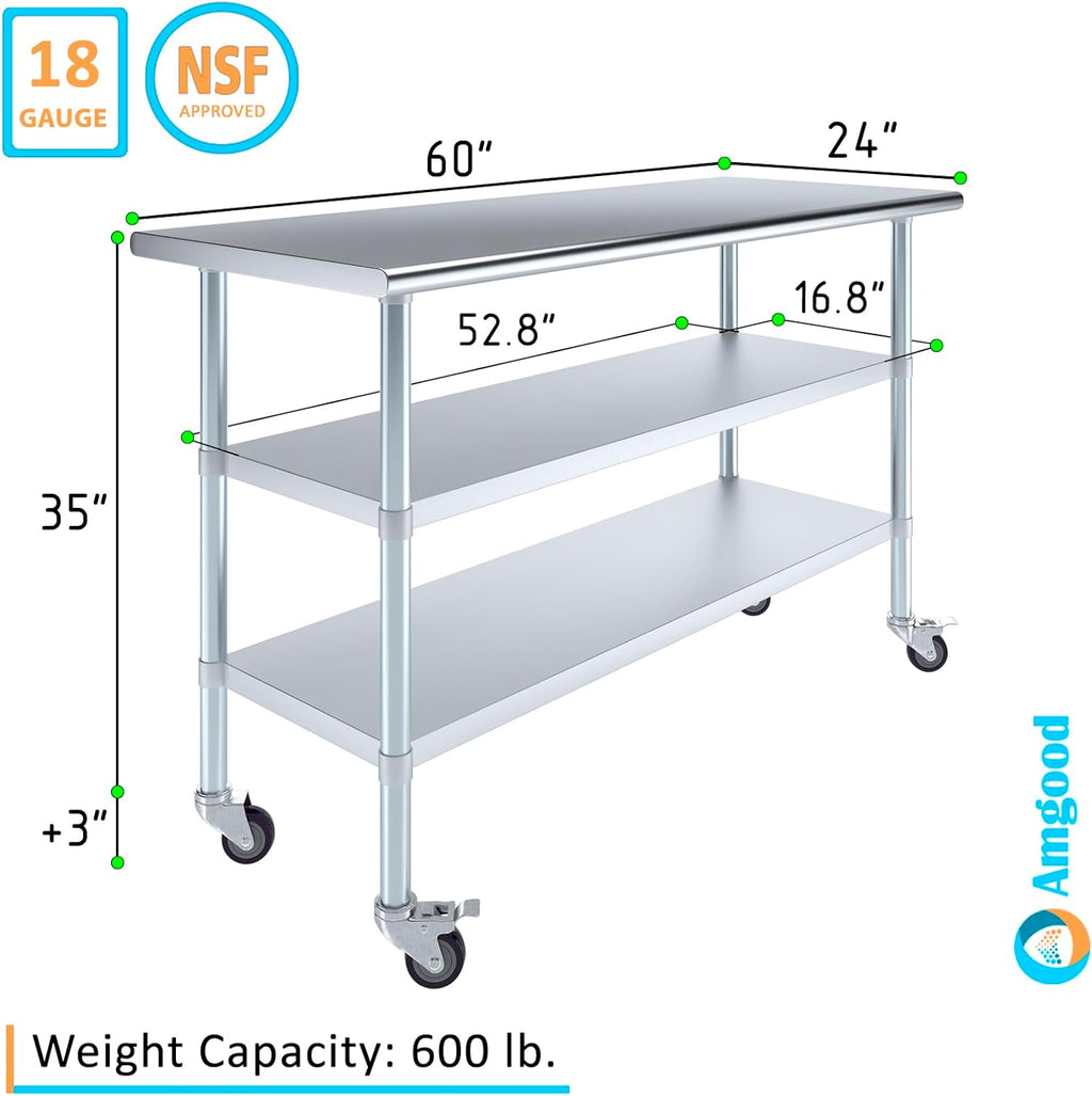 AmGood Stainless Steel Work Table with 2 Shelves and Casters | Metal Utility Table On Wheels (Stainless Steel Work Table with 2 Shelves + Casters, 60" Long x 24" Deep)