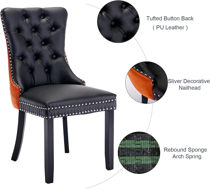 Dining Chairs Set of 2, Upholstered Tufted Dining Room Chairs with High Back, Nailhead Trim and Solid Wood Legs, Modern Dinning Chairs for Dining Room, Black Pu Leather Splicing Orange Velvet