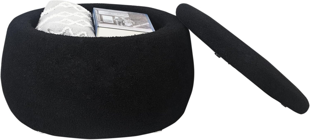 Homebeez 23" Round Storage Ottoman with Removable Lid, Faux Fur Footrest Stool - Modern Teddy Velvet Upholstered Coffee Table for Living Room, Bedroom, Entryway, Black