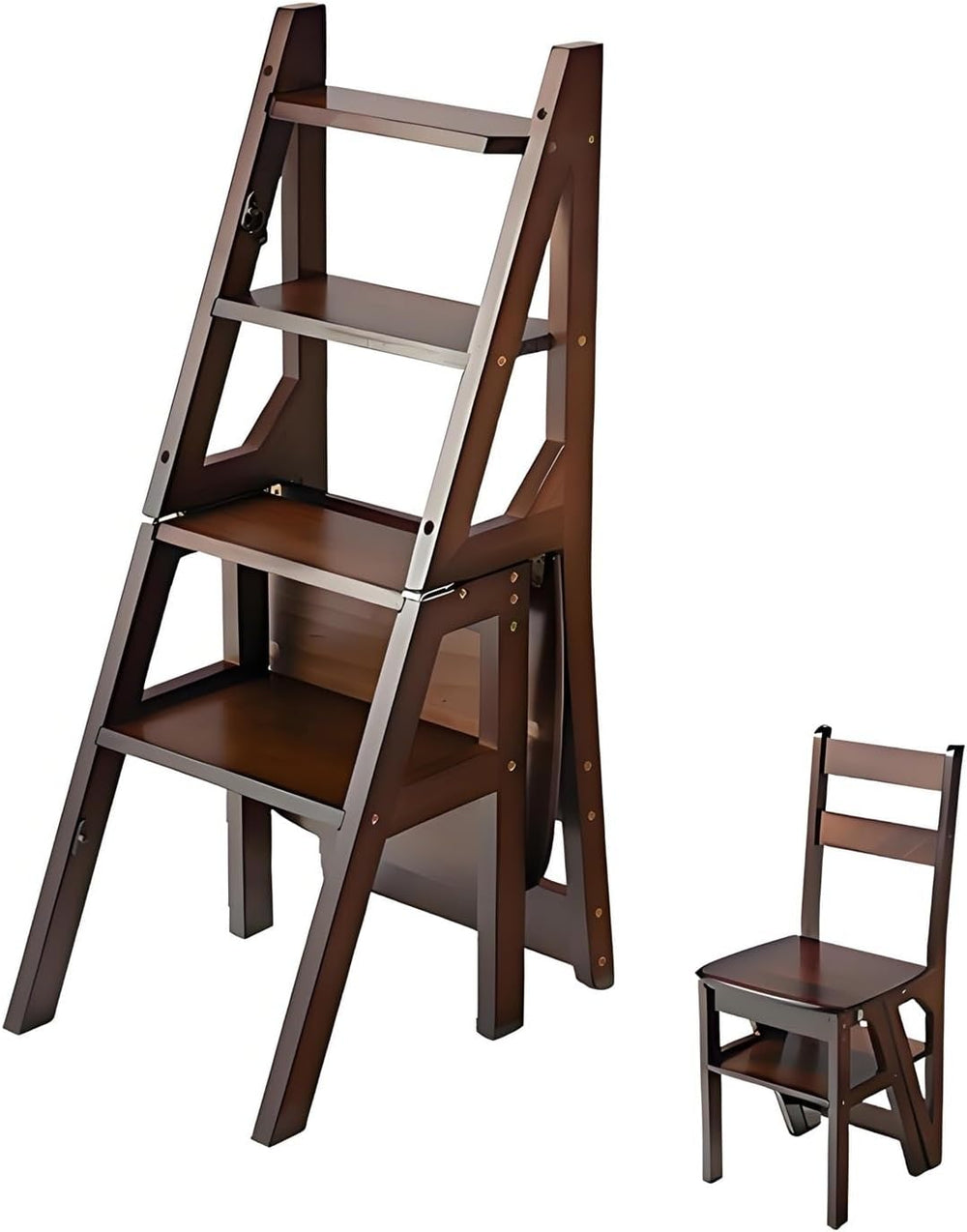 Aimery Library Ladder Chair, 2 in 1 Portable 4-Step Ladders, Wood Foldable St...