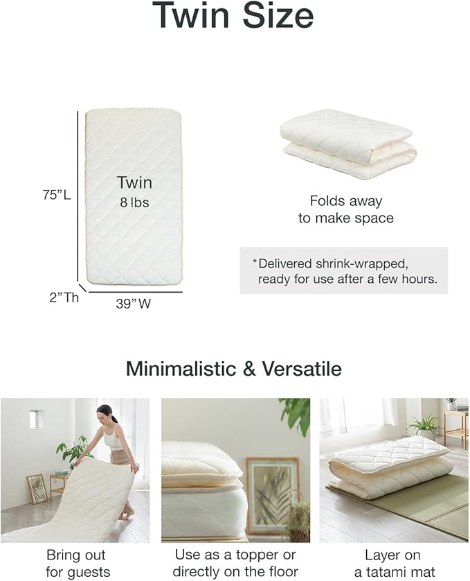 FULI Japanese Futon, Japanese Floor Bed, Tatami Foldable Bed, Roll Up Sleeping Pad, Shikibuton, Made in Japan (White, Twin)