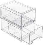 2 Pack Stackable Pull-Out Storage Drawers，Plastic Clear Organizer Bins with Handles，Easily Clean for Undersink，Cabinet，Fridge，Closet，Pantry，Office，Bathroom