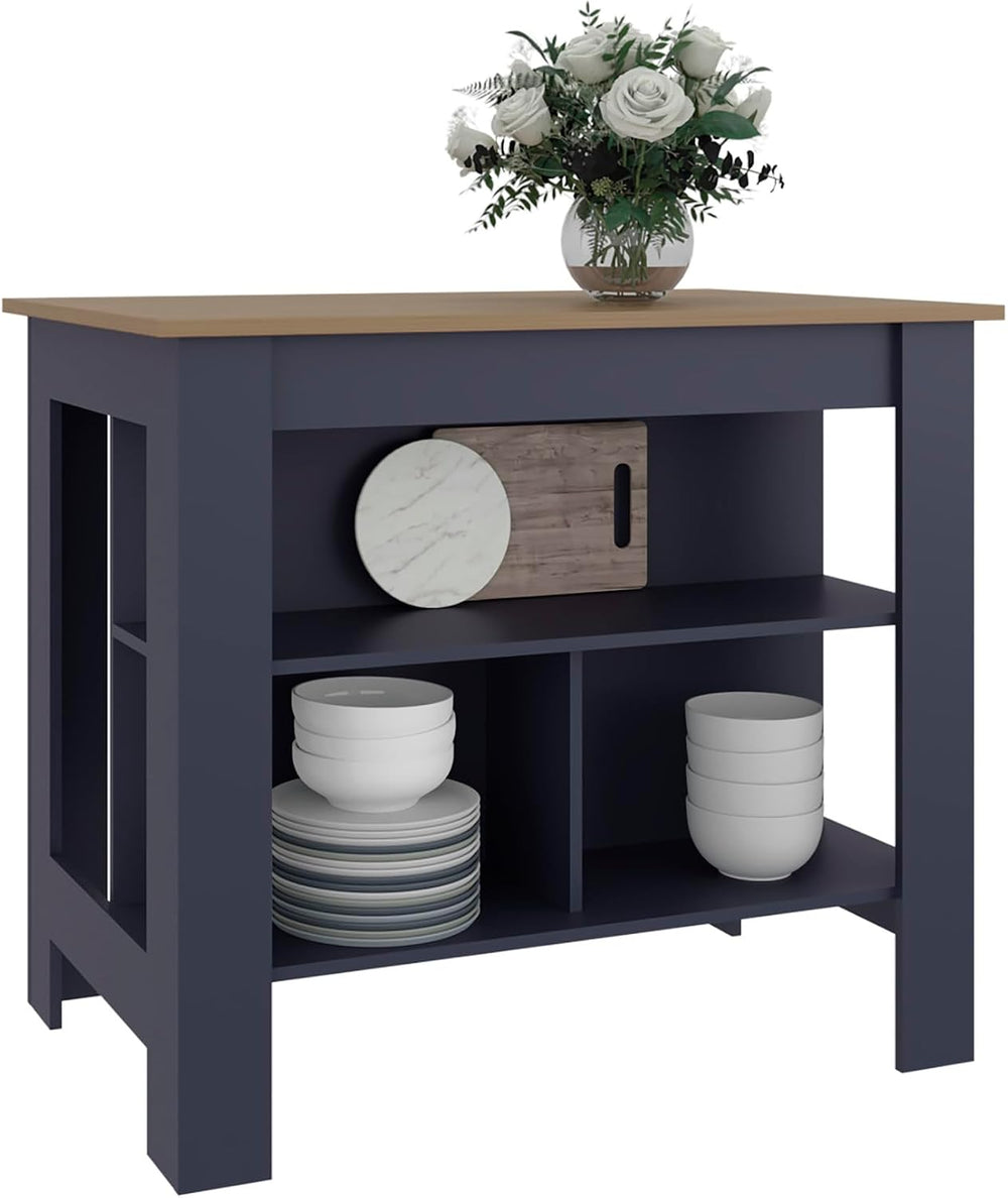 Kitchen Island with Three Open Shelves and Four Legs | Navy blue particle boa...
