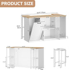 Kitchen Island with Seating, 67" Large Island Table with Trash | Bin for Dining Room, Kitchen Island on Wheels with Power Outlet & Open Shelves, Storage with Small Fridge Organization, White