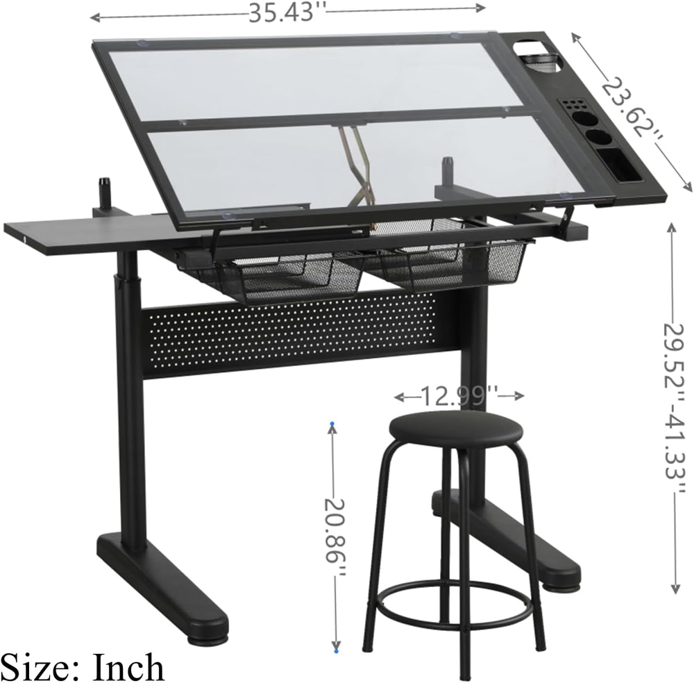Drafting Desk with Stool, Upgraded Hand Crank Adjustable Height Art Table wit...