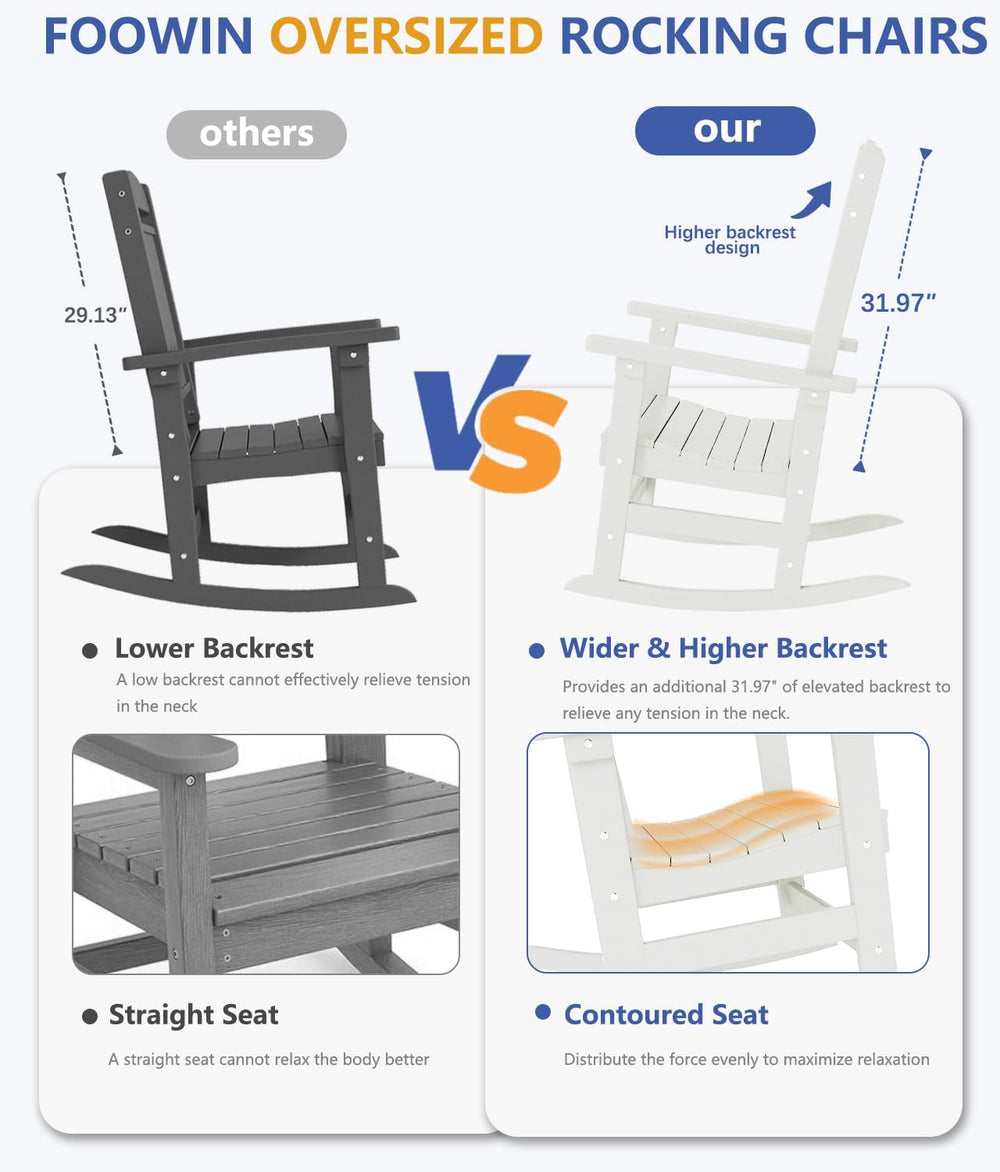 FOOWIN 3-Piece Outdoor Rocking Chairs Set, High Back Patio Rocker with Side T...
