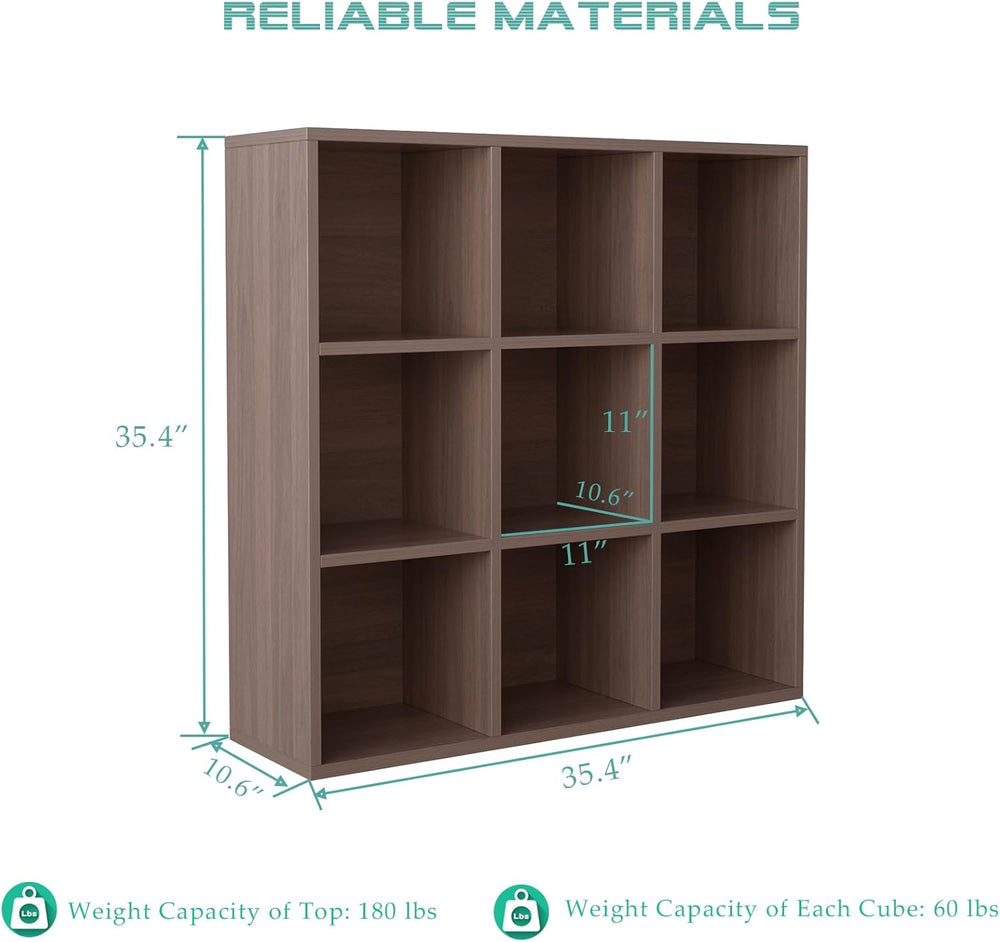 9-Cube Storage Shelf Bookcase - Wooden 3-Tier Floor Standing Open Bookshelf f...