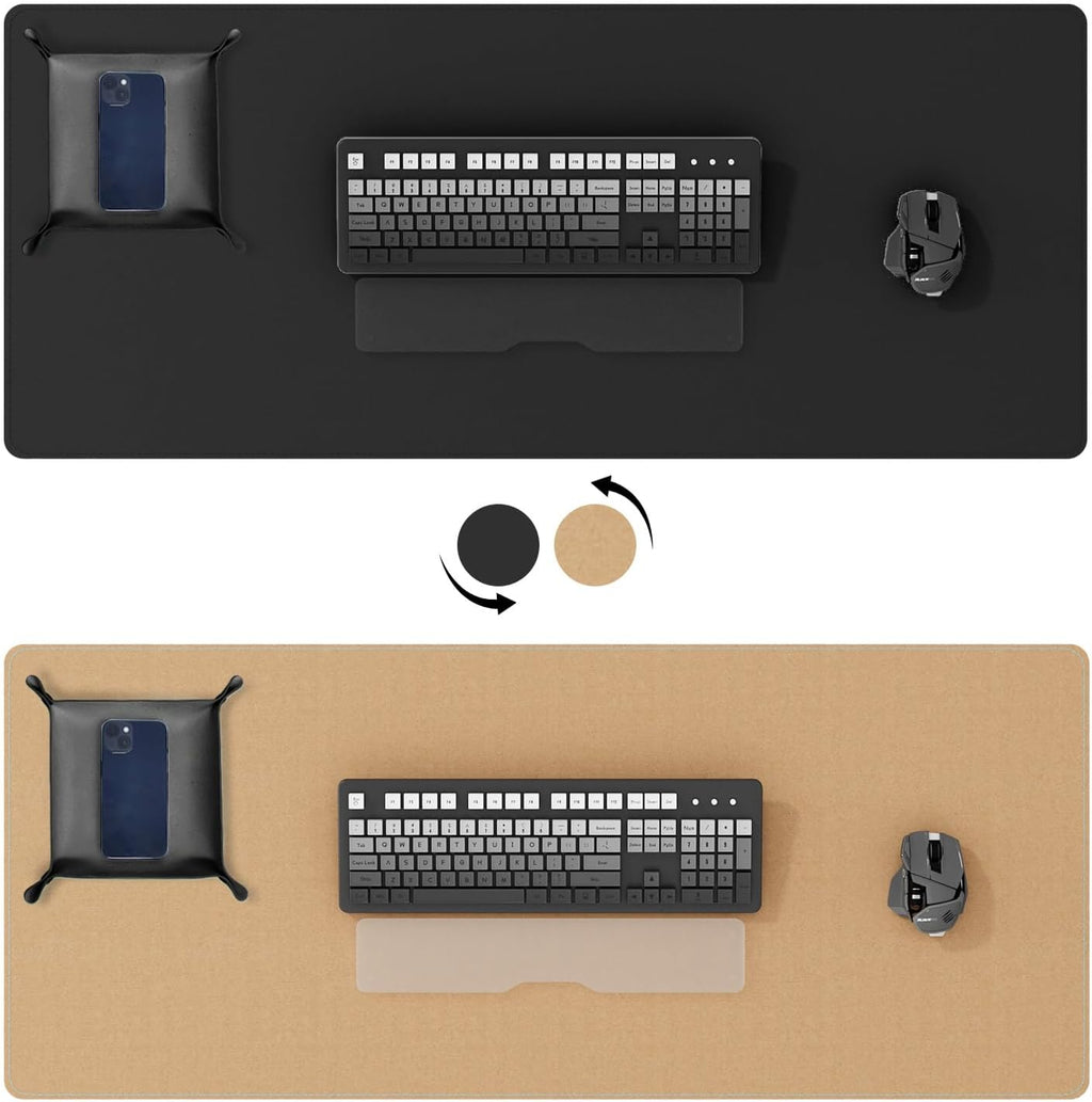 DAWNTREES Dual Sided Desk Mat,Leather Desk Pad,Black Cork Desk Mat Protector,with PU Leather Valet Tray Organizer,Large Mouse Pad,Desk Writing Pad for Office and Home(31.5"x15.8")