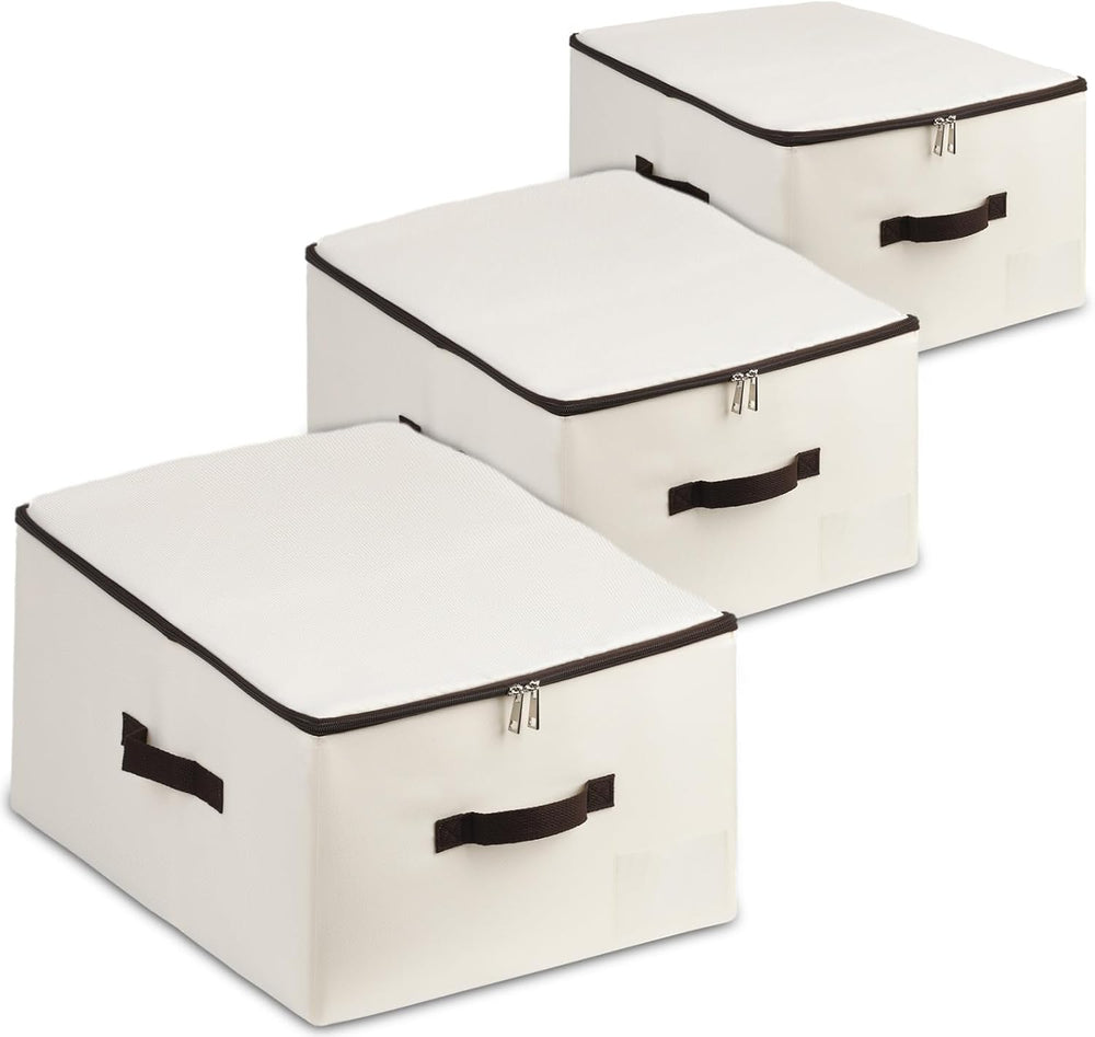 AMJ Fabric Storage Bin with Lid – Foldable for Clothes, Blankets – Beige Stor...