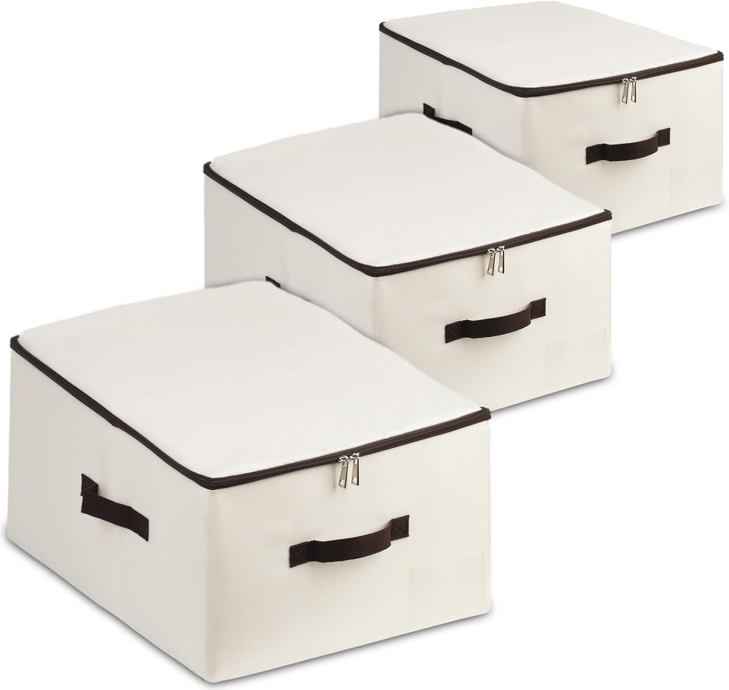 AMJ Fabric Storage Bin with Lid – Foldable for Clothes, Blankets – Beige Storage Box – Wardrobe-Optimized & Breathable (Set of 3)