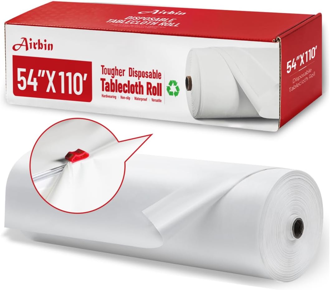 Plastic Table Cloth, 110 Ft X 54 In Disposable Tablecloth White Tablecloth | PEVA Plastic Table Cloth Disposable with Sliding Cutter Plastic Table Cover Roll for Picnics, Parties, Birthdays, Weddings