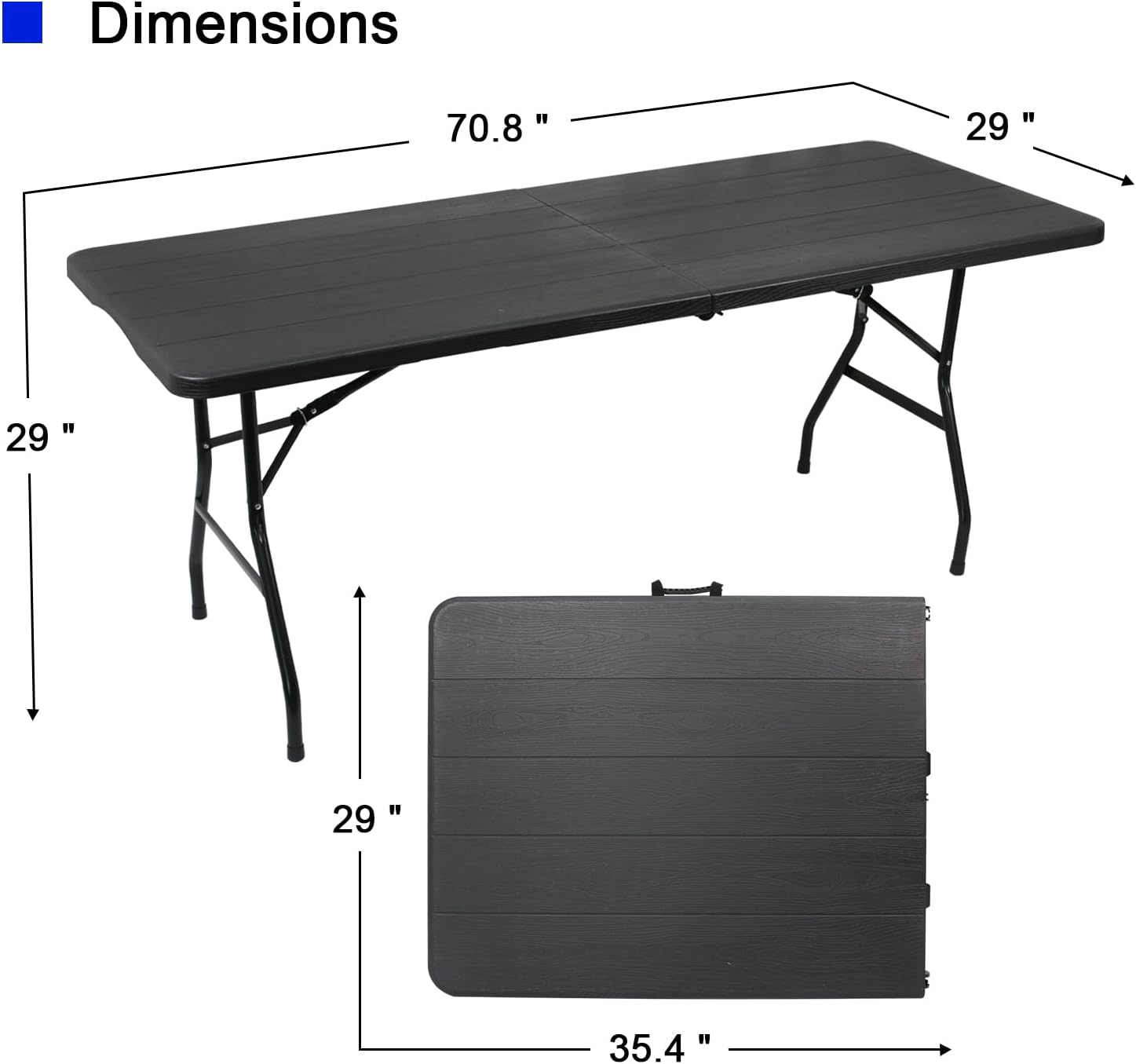 70.8" W X 29" D X 29" H - 6 ft Black Folding Table Heavy Duty Portable, Plastic Folding Utility Folding Table for Camping, Picnics & Parties