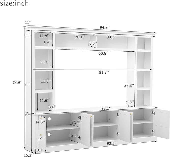 Marzzi Wall Unit TV Stand TVs up to 70", Modern Entertainment Center with 6 Doors Storage Cabinets, Bridge and Bookshelves, Large Media Console, Adjustable Shelves, Painted Finish