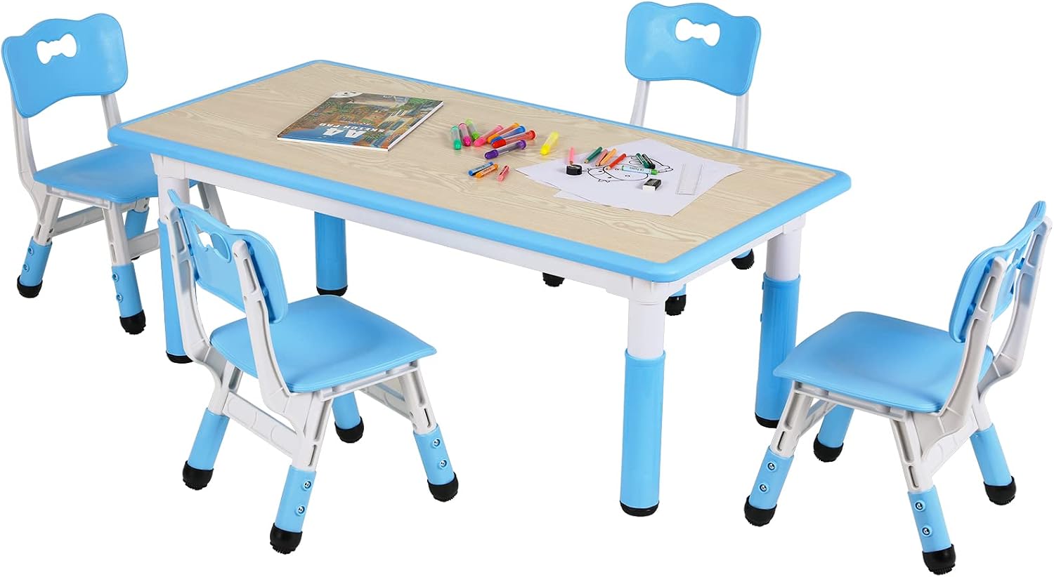 Arlopu Kids Table and 4 Chairs, Height Adjustable Toddler Desk & Chair Set, Anti-Slip Legs, Graffiti Desktop, Children Large Multi-Activity Table with 47.2" x 23.6", Classroom, Homes, Daycares (Blue)