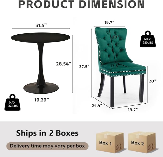 3-Piece 31.5" Round Dining Table Set for 2, Black Table & Green Velvet Upholstered Dining Chairs