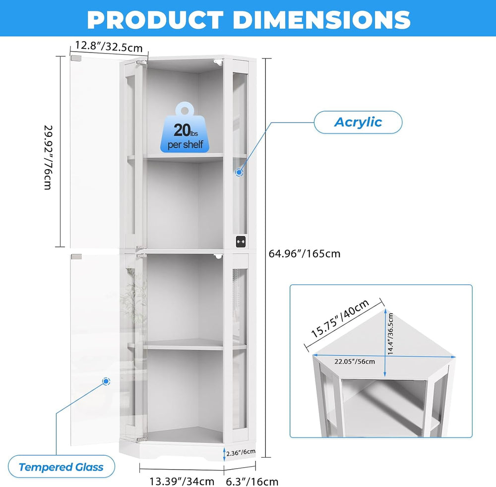 BROTTAR 65" Corner Glass Display Cabinet with LED Lights, 4-Tier Showcas...