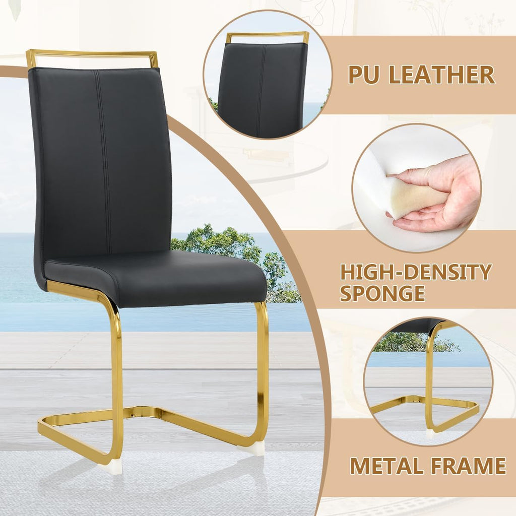 35'' Round Dining Table Set for 4, Glass Kitchen Table Chairs Set of 4, Small Dining Table with Golden Electroplated Metal Leg and Base, 4 PU Dining Chairs with Metal Legs, for Kitchen, Dining Room.