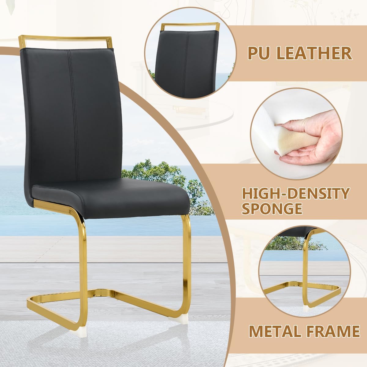 35'' Round Dining Table Set for 4, Glass Kitchen Table Chairs Set of 4, Small Dining Table with Golden Electroplated Metal Leg and Base, 4 PU Dining Chairs with Metal Legs, for Kitchen, Dining Room.