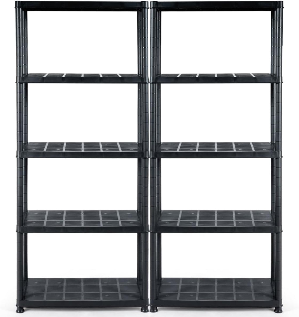 IRONMAX 5-Tier Plastic Shelving Unit, Multi-Purpose Shelf Rack, No Tools Required, Free Standing Storage Shelves for Garage Basement Kitchen, Black (2, 33.5“L X 16”W X 73“H)