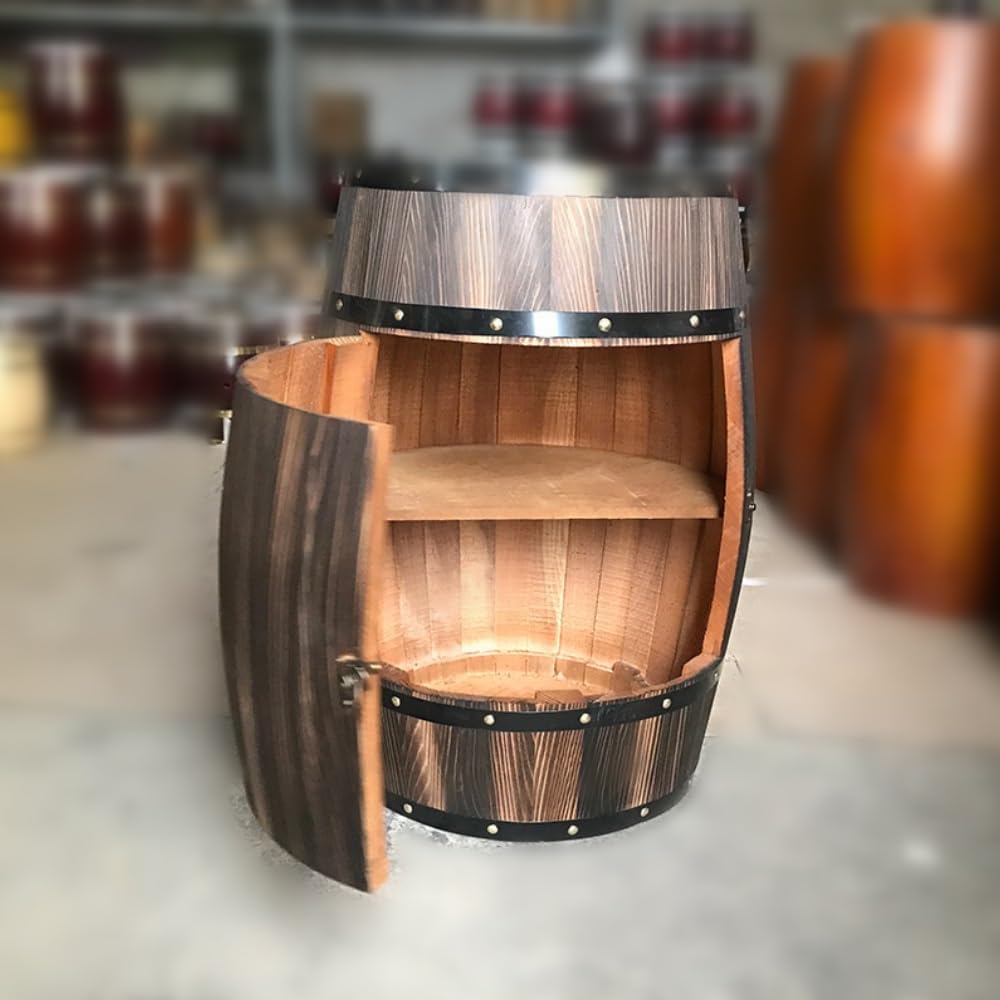 2-Tier Whiskey Barrel Table with Buckle, Solid Wood Barrel Side Table, Wine B...
