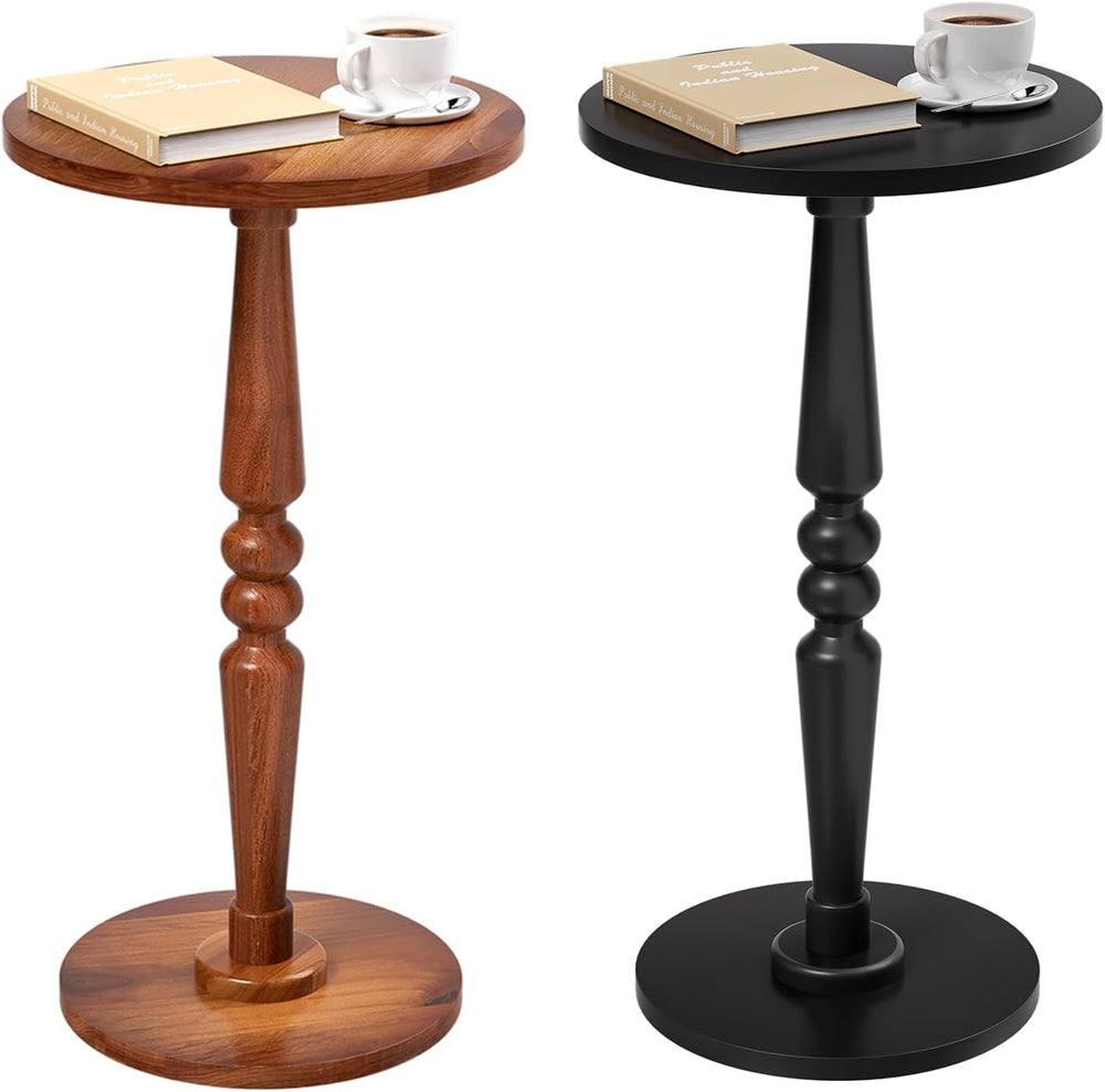 Small Wood Round Side Table - Accent Nightstand Pedestal Table for Living Roo...