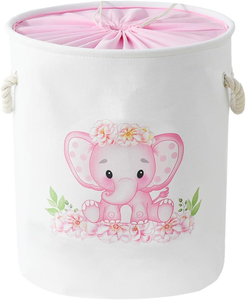 Laundry Baskets Kids Laundry Hamper, Pink Baby Hamper Elephant Basket Large Collapsible Kids Hamper with Handles Waterproof Round Linen Storage Basket for Toddler/Girls (Pink Elephant)