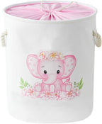 Laundry Baskets Kids Laundry Hamper, Pink Baby Hamper Elephant Basket Large Collapsible Kids Hamper with Handles Waterproof Round Linen Storage Basket for Toddler/Girls (Pink Elephant)