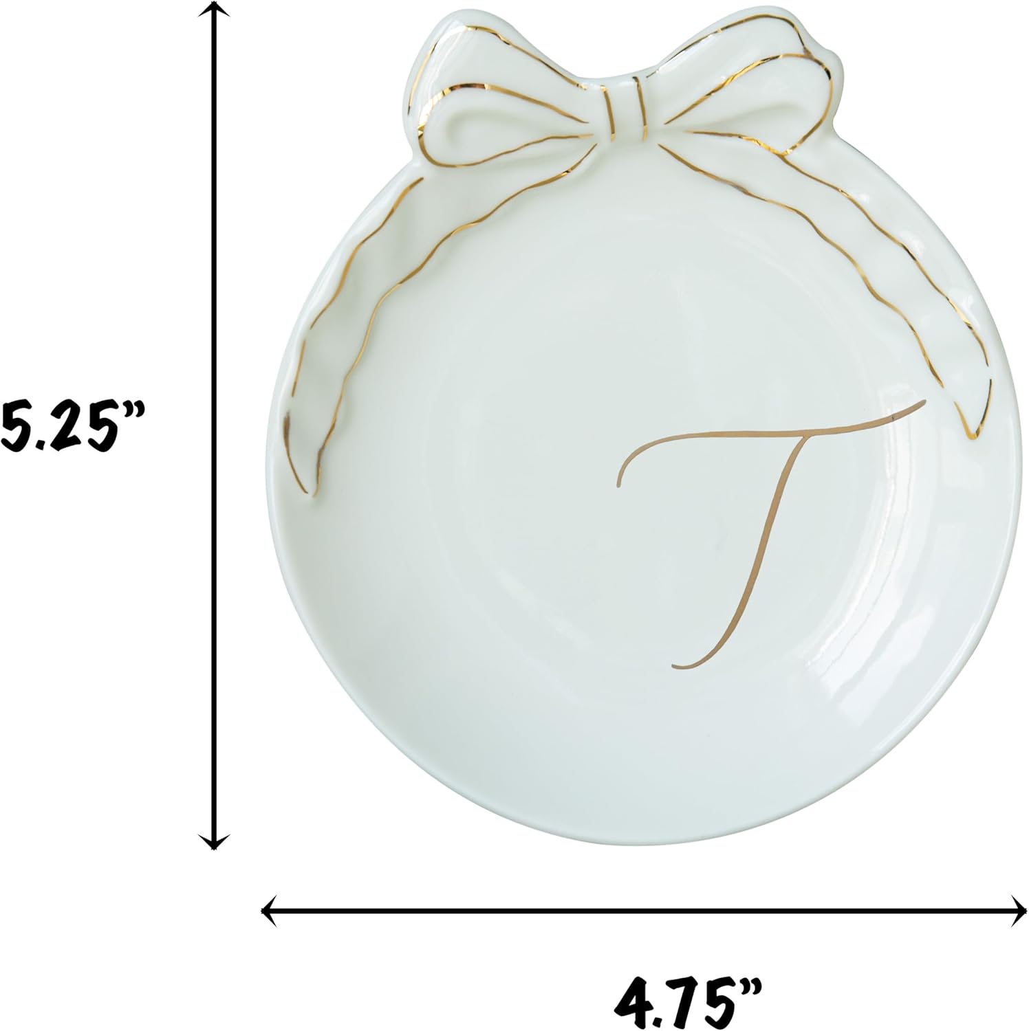 COLLECTIVE HOME - Personalized Initial Ceramic Jewelry Tray with Bow, Christmas Gift Ideas for Women, Small Gift for Girlfriend Wife, Ring Holder, Earrings Dish, Birthday Gift for Her (T)