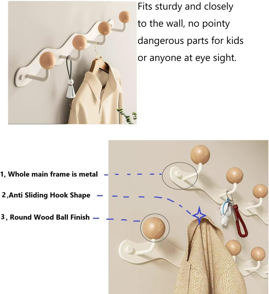 Coat Rack Wall Mounted,White Coat Hooks Adhesive & Screw in,Anti-Tear Wooden Ball Hook Rail, Heavy Duty Metal Coat Hangers for Entryway, Bathroom, Bedroom, Kitchen 2PACK (4-tri Hooks)