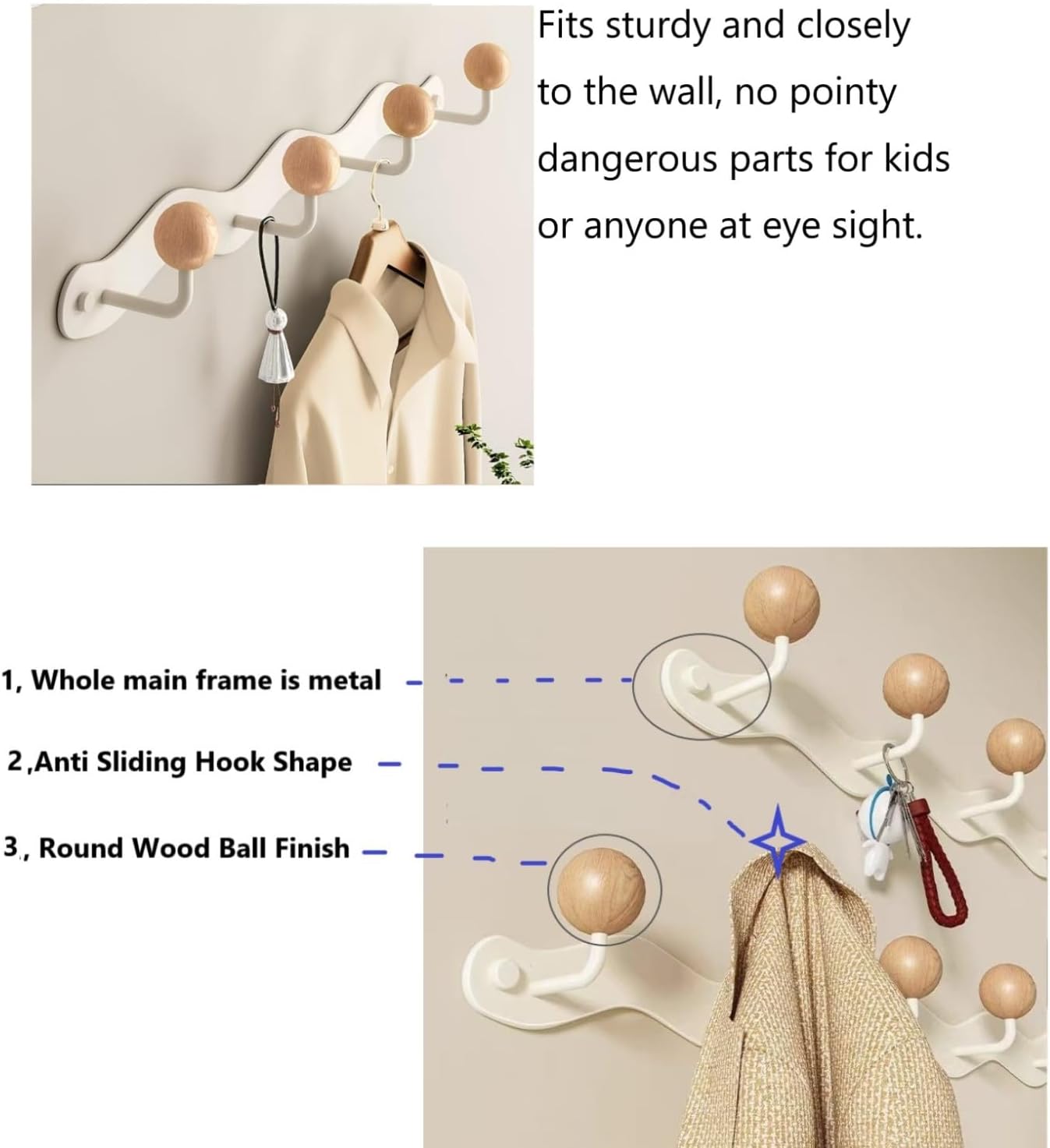 Coat Rack Wall Mount,White Wall Hooks Adhesive & Screw in,Anti-Tear Wooden Ball Hook Rail, Heavy Duty Metal Coat Hanger Wall Mount for Entryway, Bathroom, Bedroom, Kitchen 2PACK(6-tri Hooks)