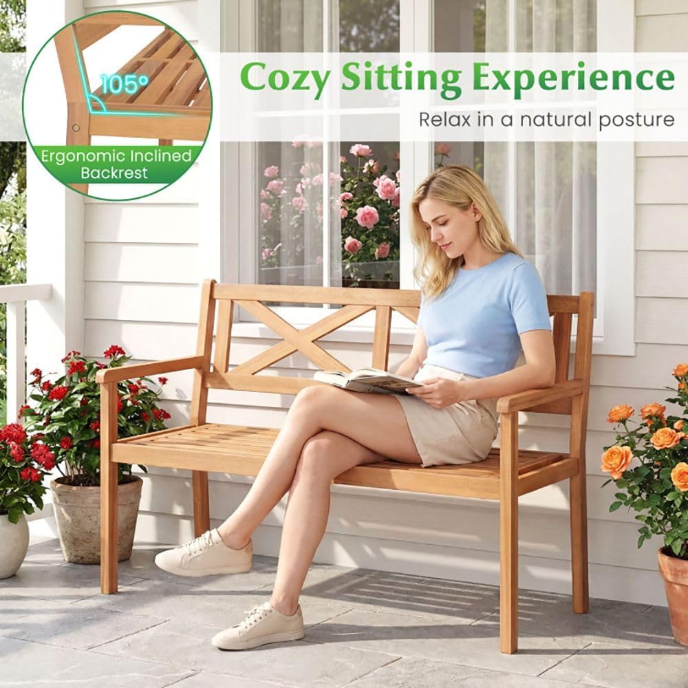 Solid Acacia Wood Outdoor Chair Armrests Backrest 44in Seat 800lb Capacity Ba...