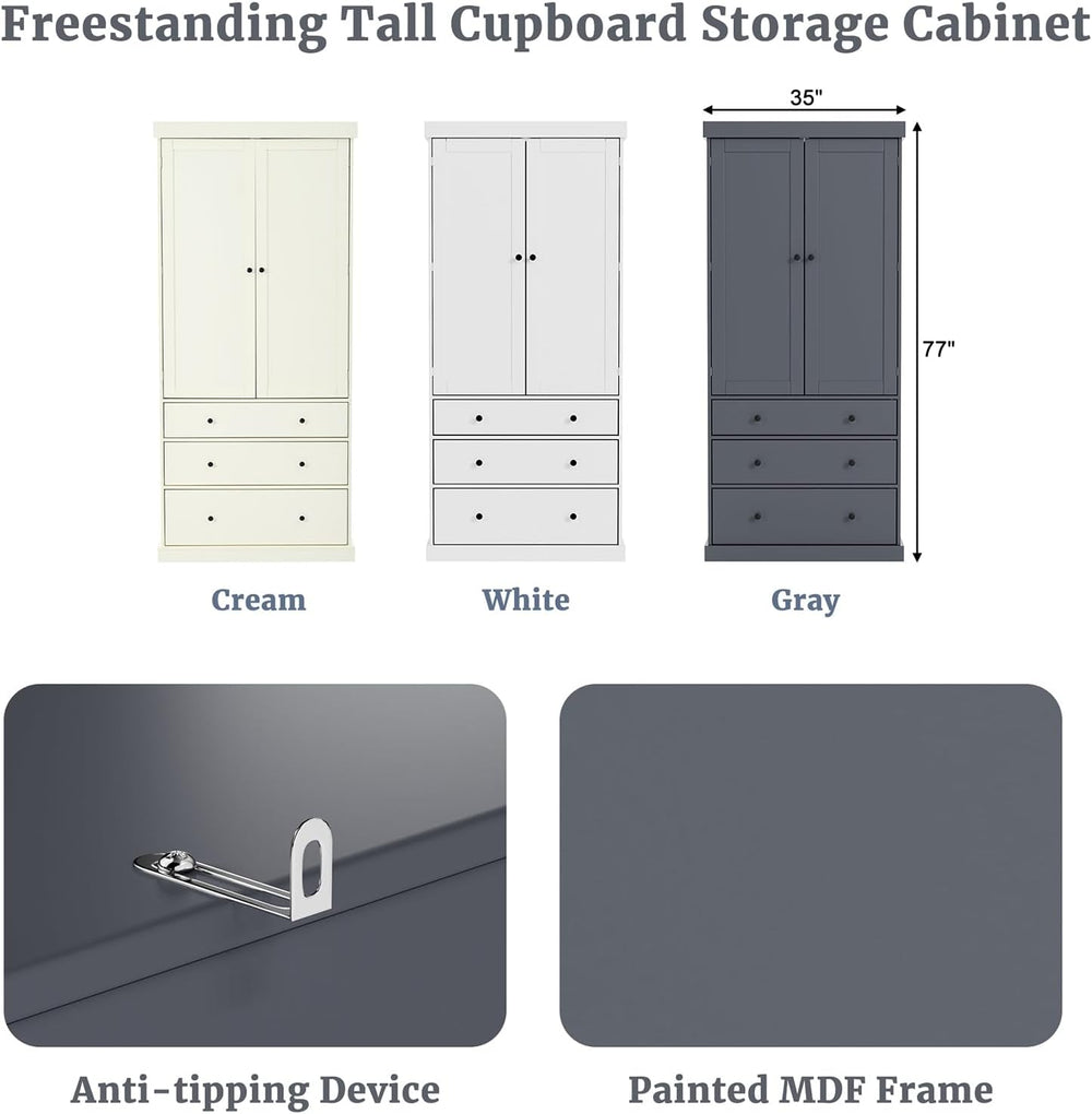 77inch Kitchen Pantry, Freestanding Tall Cupboard Storage Cabinet with 3 Adju...