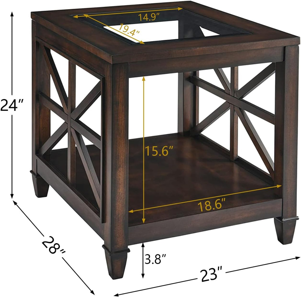 Set of 2 Solid Wood End Tables with Tempered Glass Top, 28" x 24" L...