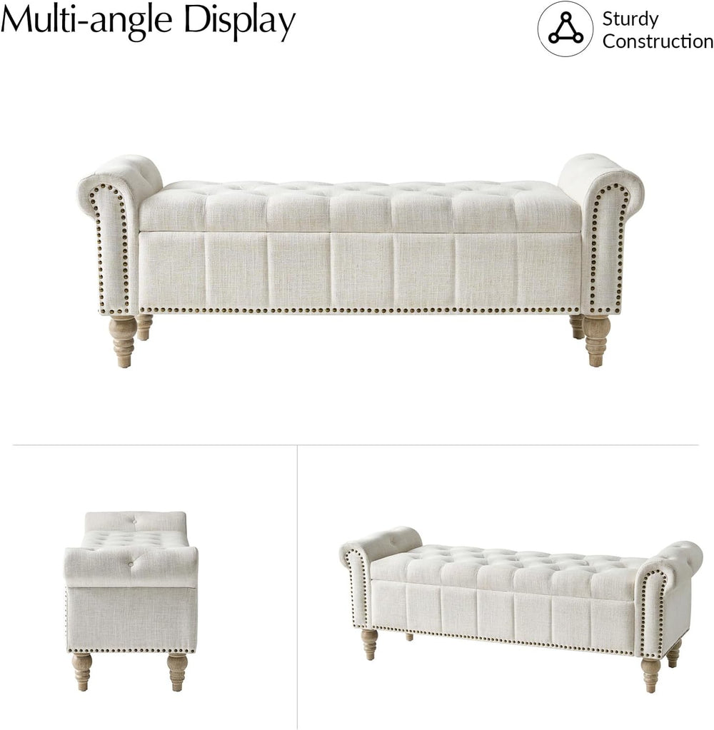 HULALA HOME Farmhouse Upholstered Storage Bench, End of Bed Bench with Vintag...