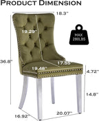 Velvet Upholstered Dining Chairs Set of 4, Modern Kitchen Side Chairs with Nailhead Trim and Silver Plated Leg, Metal Pulling Ring for Dining Room Living Room(Olive Green-Silver Plated Leg)