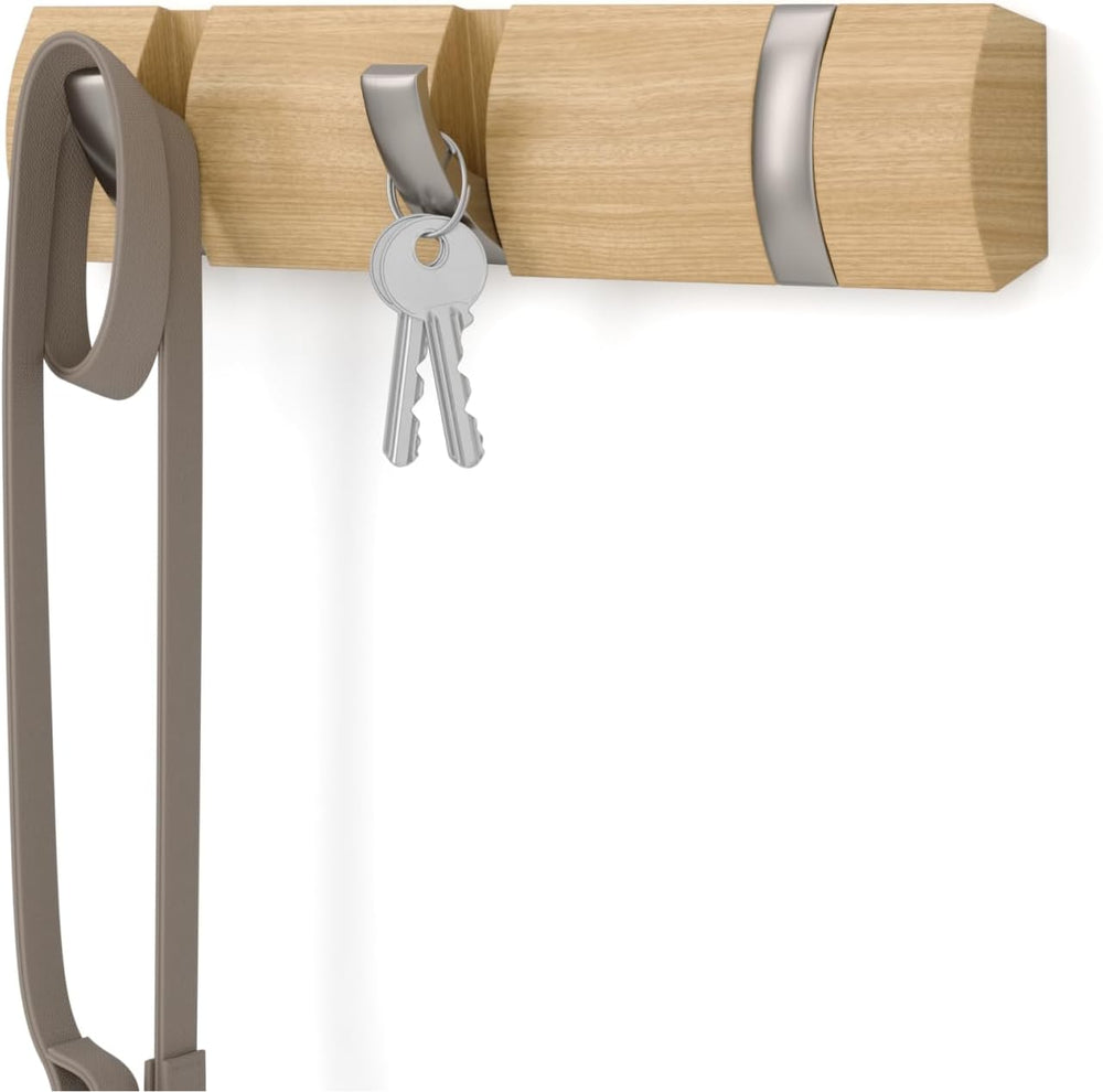Umbra Flip Coat Rack, Wall Mount Retractable Hooks, 3-Hook, Natural/Nickel