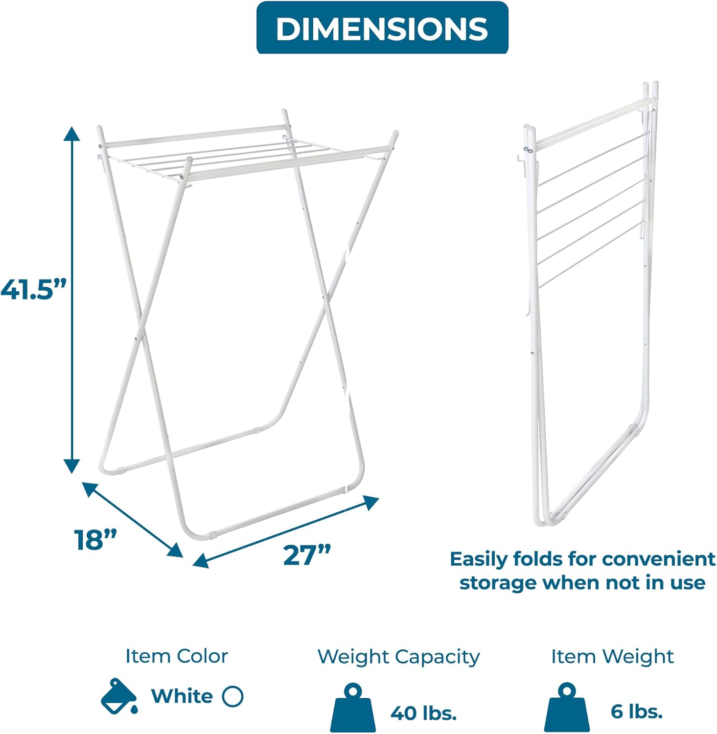 Honey-Can-Do Easy-Fold Collapsible Clothes Drying Rack, Sturdy Metal Laundry Rack Holds 40 lbs, Space-Saving Foldable Towel Rack for Indoor Outdoor Use, Non-Skid Feet, White