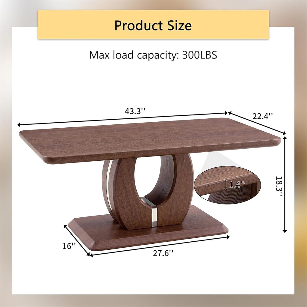 LKTART Coffee Table for Living Room, Modern Coffee Table with Storage, Rectangle Tabletop Stable Base for Dining Room Apartment Small Space (43.3''L×22.4''W-Walnut)