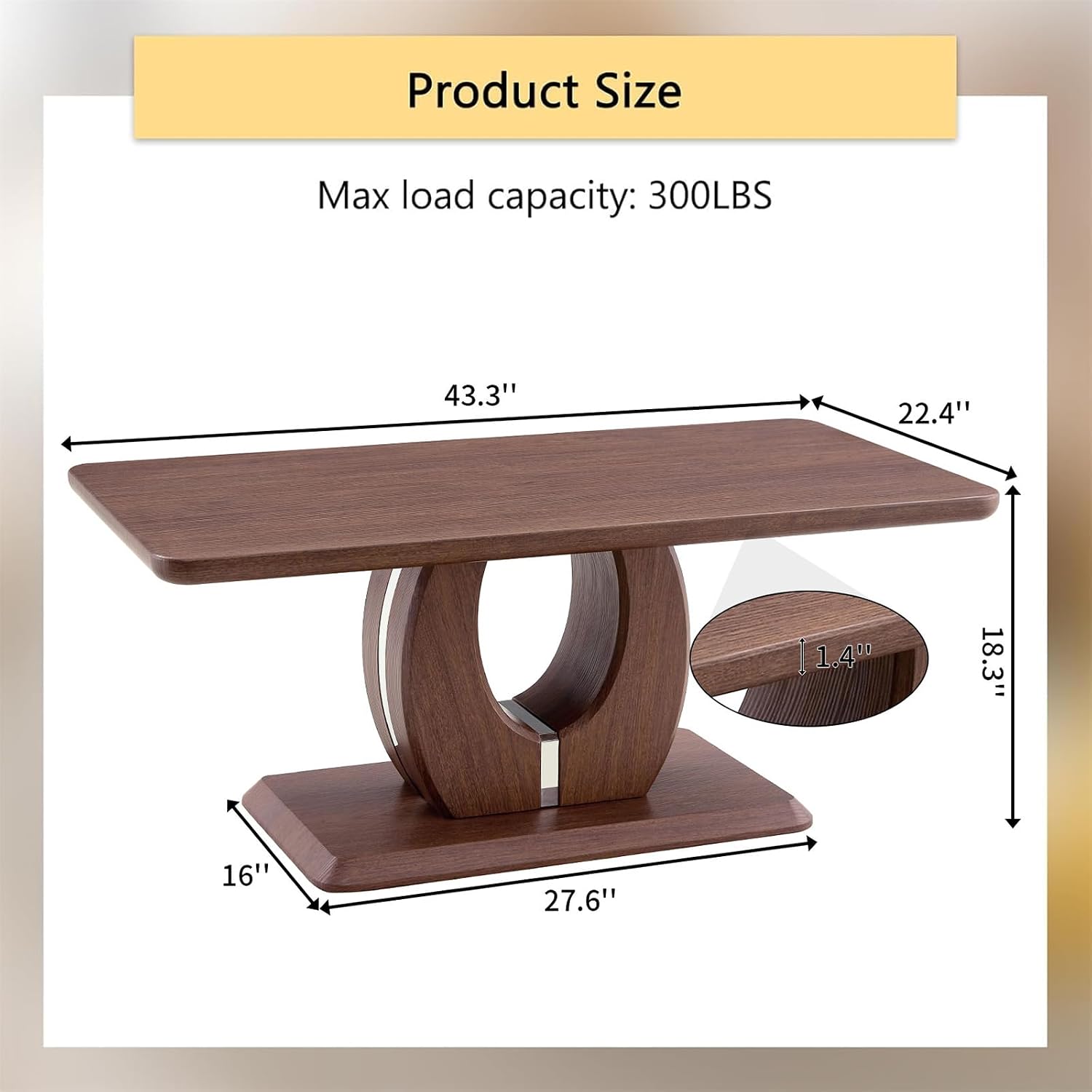 LKTART Coffee Table for Living Room, Modern Coffee Table with Storage, Rectangle Tabletop Stable Base for Dining Room Apartment Small Space (43.3''L×22.4''W-Walnut)
