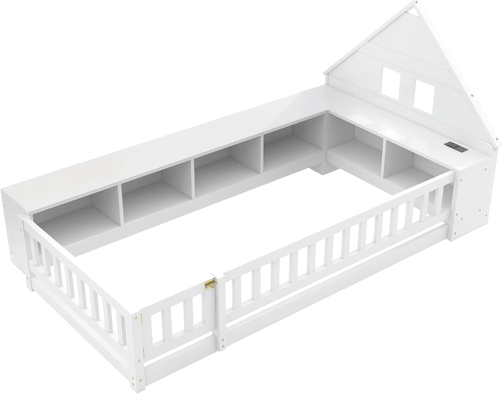 Twin Size Floor Bed with House-Shaped Headboard, Guardrail and Cabinet (White)