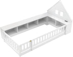 Twin Size Floor Bed with House-Shaped Headboard, Guardrail and Cabinet (White)